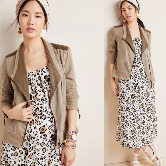 Anthropologie Jackets & Blazers - Anthropologie Marrakech French Terry Moto Jacket Size S Petite Neutral Taupe